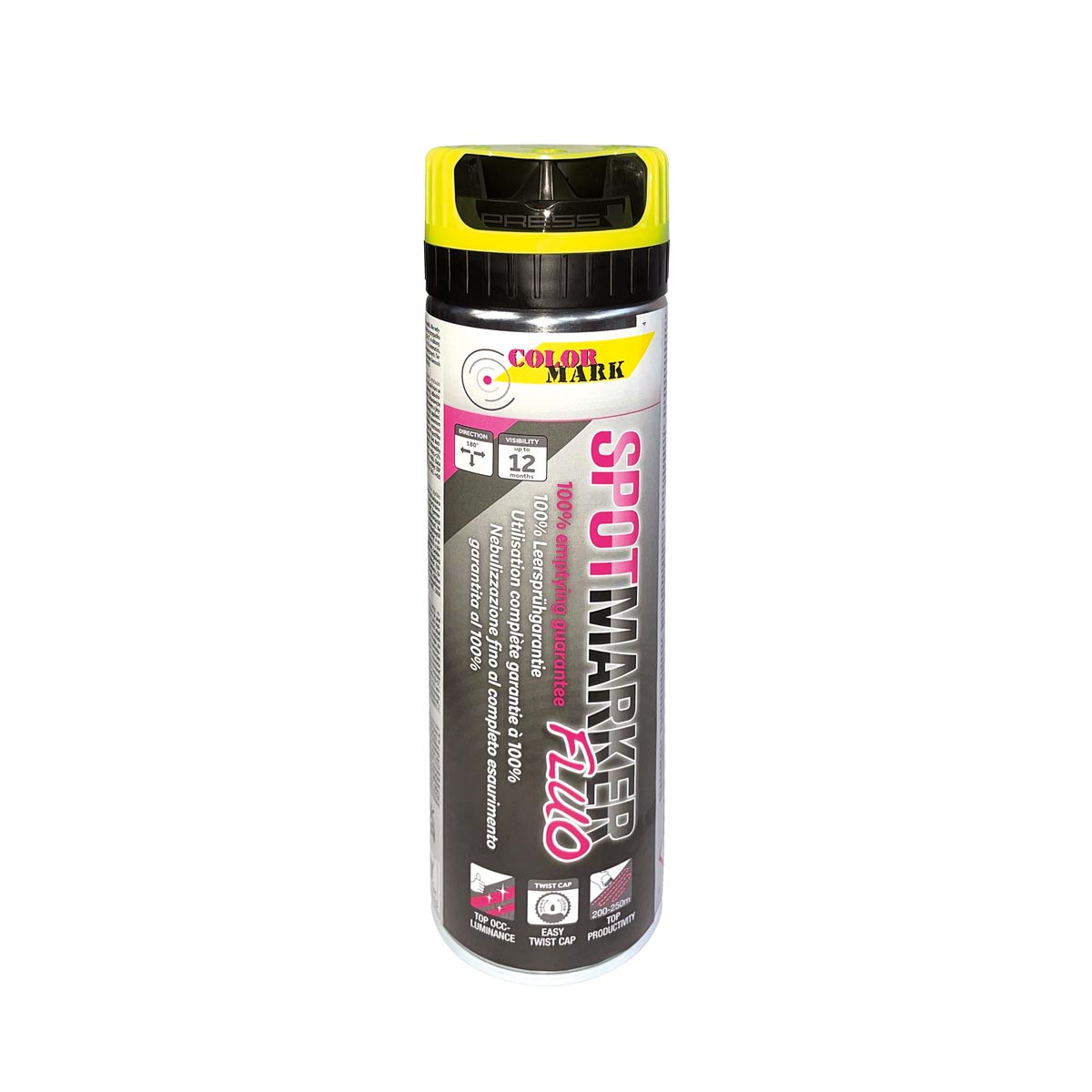 Colormark Spotmarker FLUO 500 ml mit leuchtgelbem Twist-Cap und Sicherheitskappe.