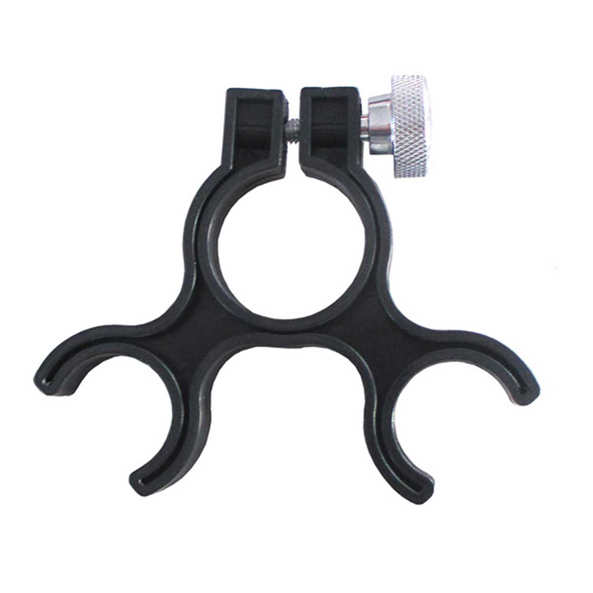 Schwarzer Beinclip aus Kunststoff mit Rändelschraube für Prismen- und GPS-Stäbe bis 38 mm.