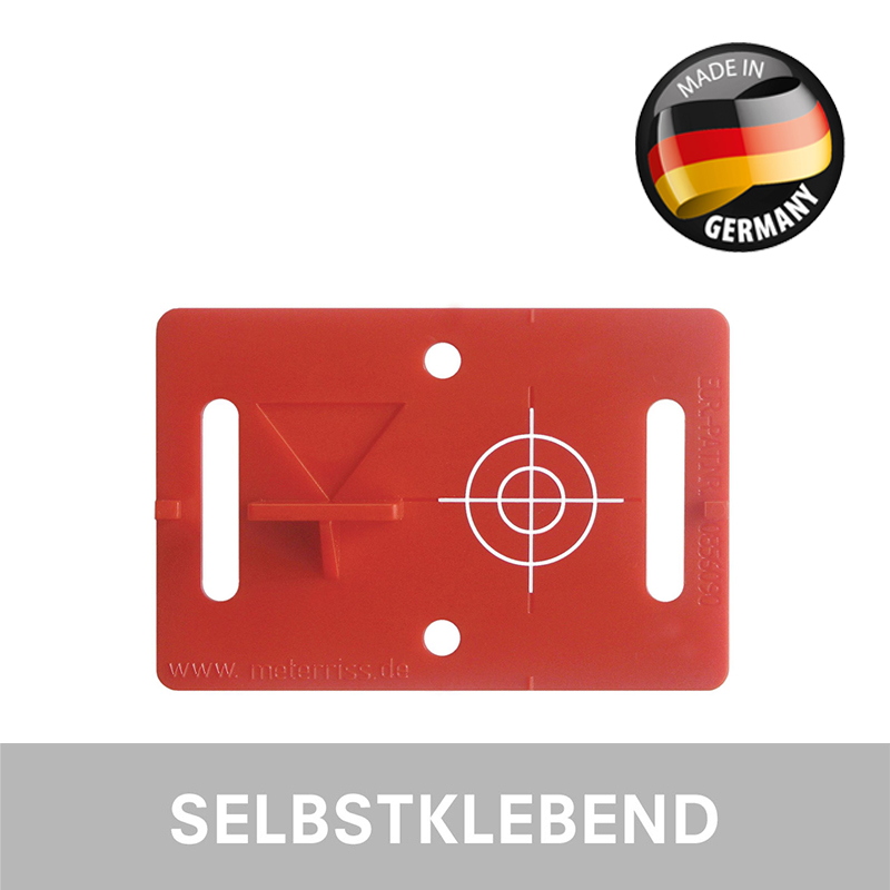 Rote BIM Vermessungsplakette RS41, selbstklebend, mit Höhenmarke und aufgedrucktem Fadenkreuz-Ziel.