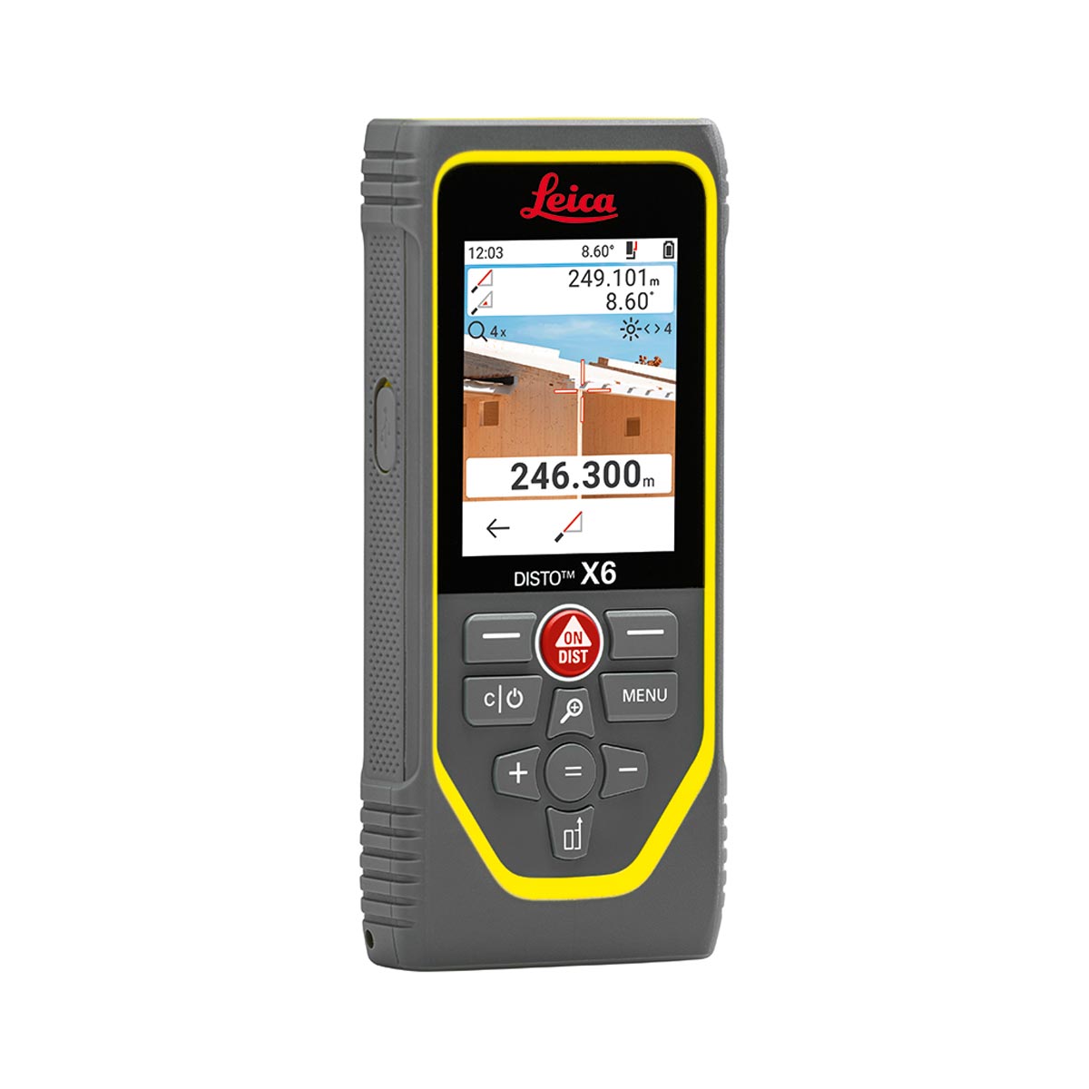 Leica Disto X6 in Grau-Gelb mit Farbdisplay, Zielsucher und Messwert 246,300 m, Schrägansicht.