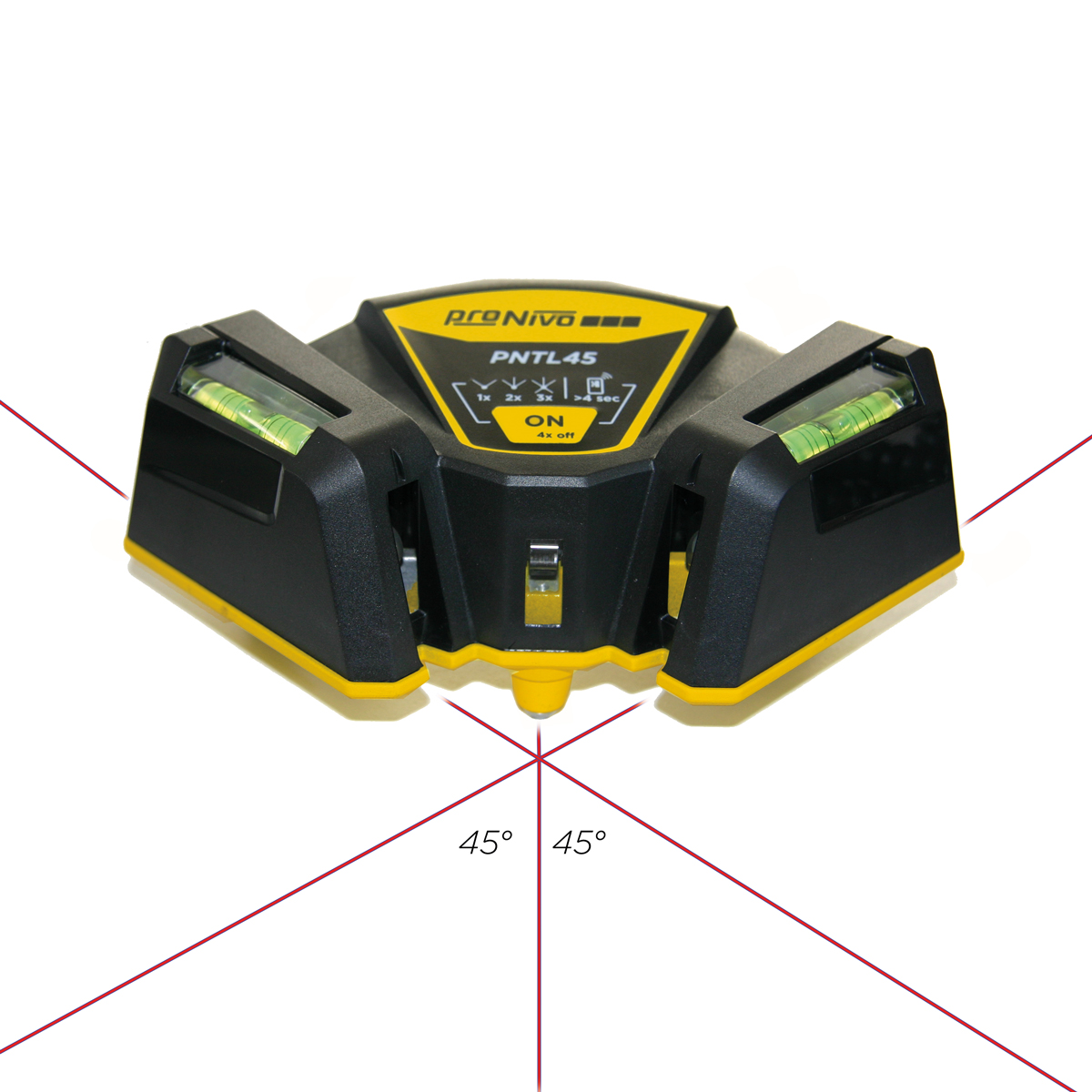 proNIVO Fliesenlegerlaser PNTL45 mit zwei Libellen und roten Laserlinien im 45°-Winkel.