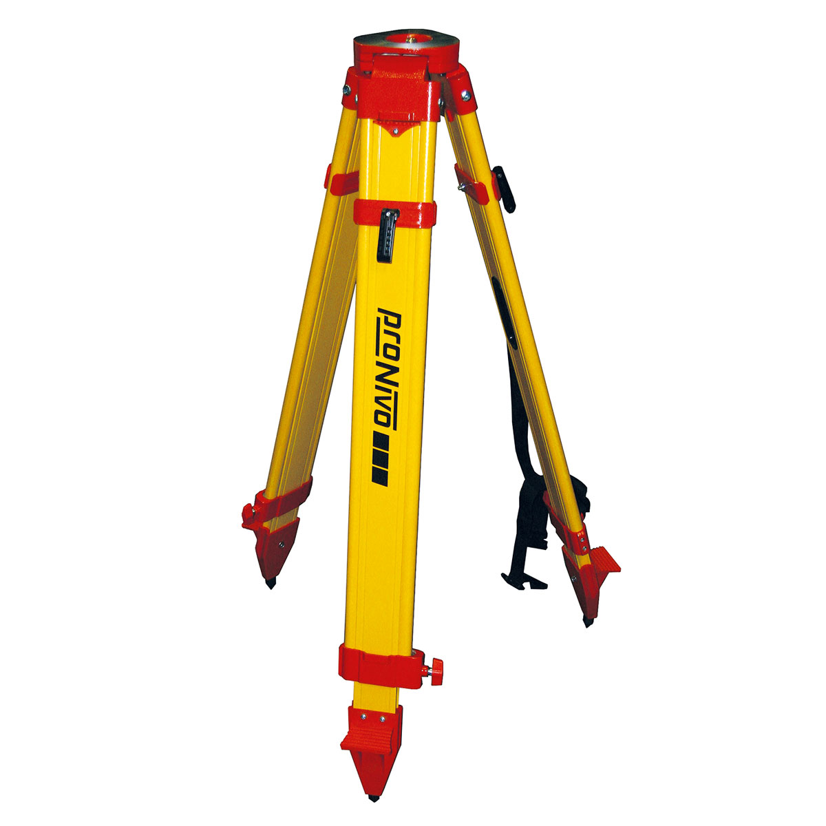 Schweres gelbes Fiberglasstativ von proNIVO mit roten Beschlägen und Doppelklemmung für Totalstationen.