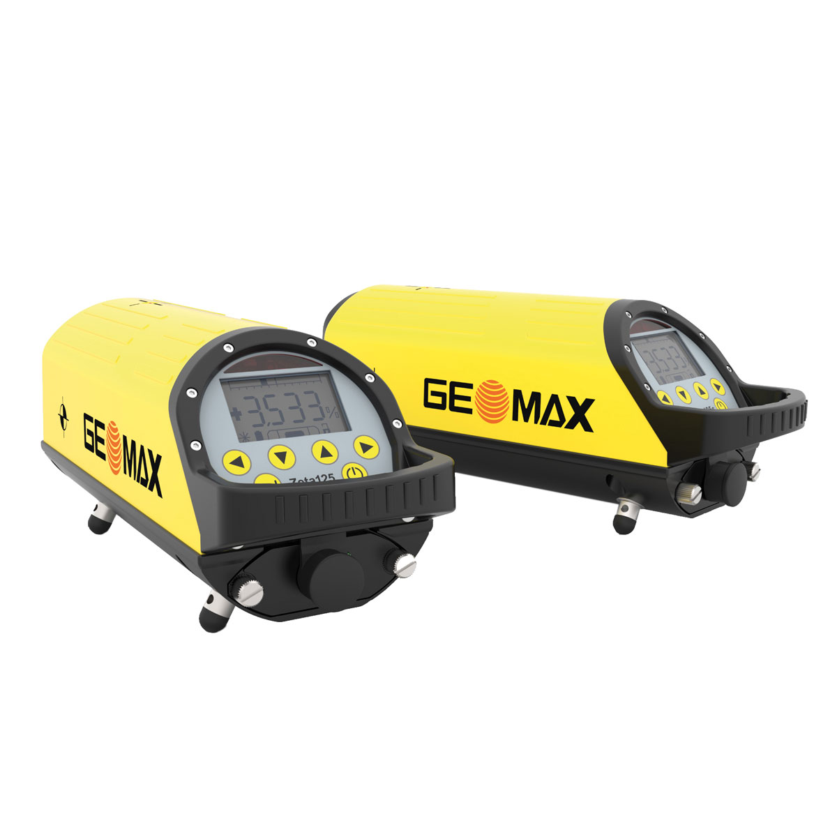 Zwei gelbe GeoMax Kanalbaulaser Zeta 125 mit Display und Bedientasten von vorne und hinten.