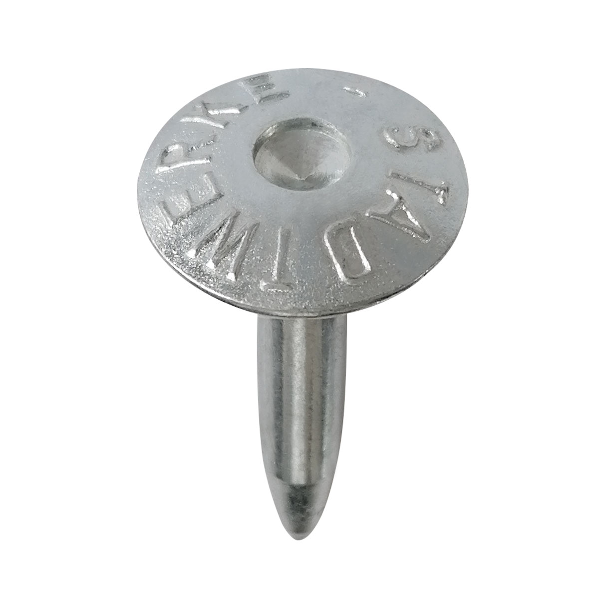 Verzinkter Superkopfbolzen 55 mm mit eingeprägter Aufschrift Stadtwerke und zentraler Körnung im Kopf.