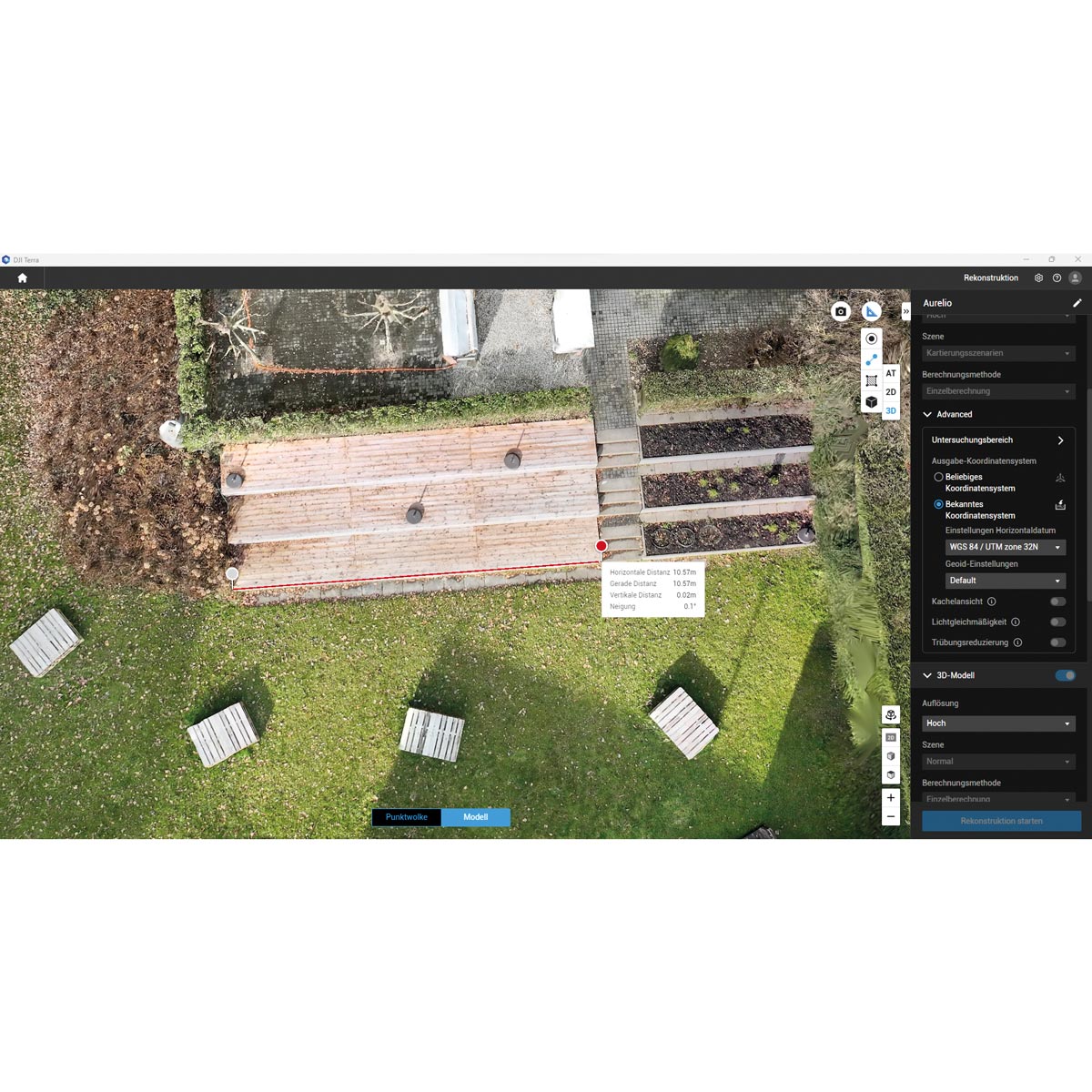 DJI Terra mit Draufsicht auf einen Garten und Streckenmessung von 10,57 m an einer Holzterrasse.