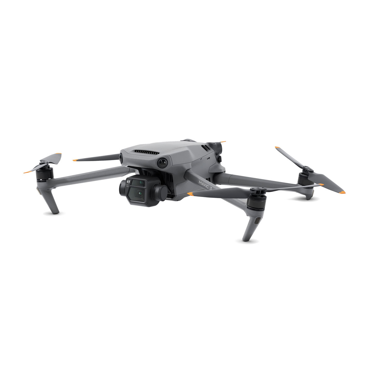 Graue DJI Mavic 3 Drohne mit ausgeklappten Armen und Kamera, Schrägansicht.
