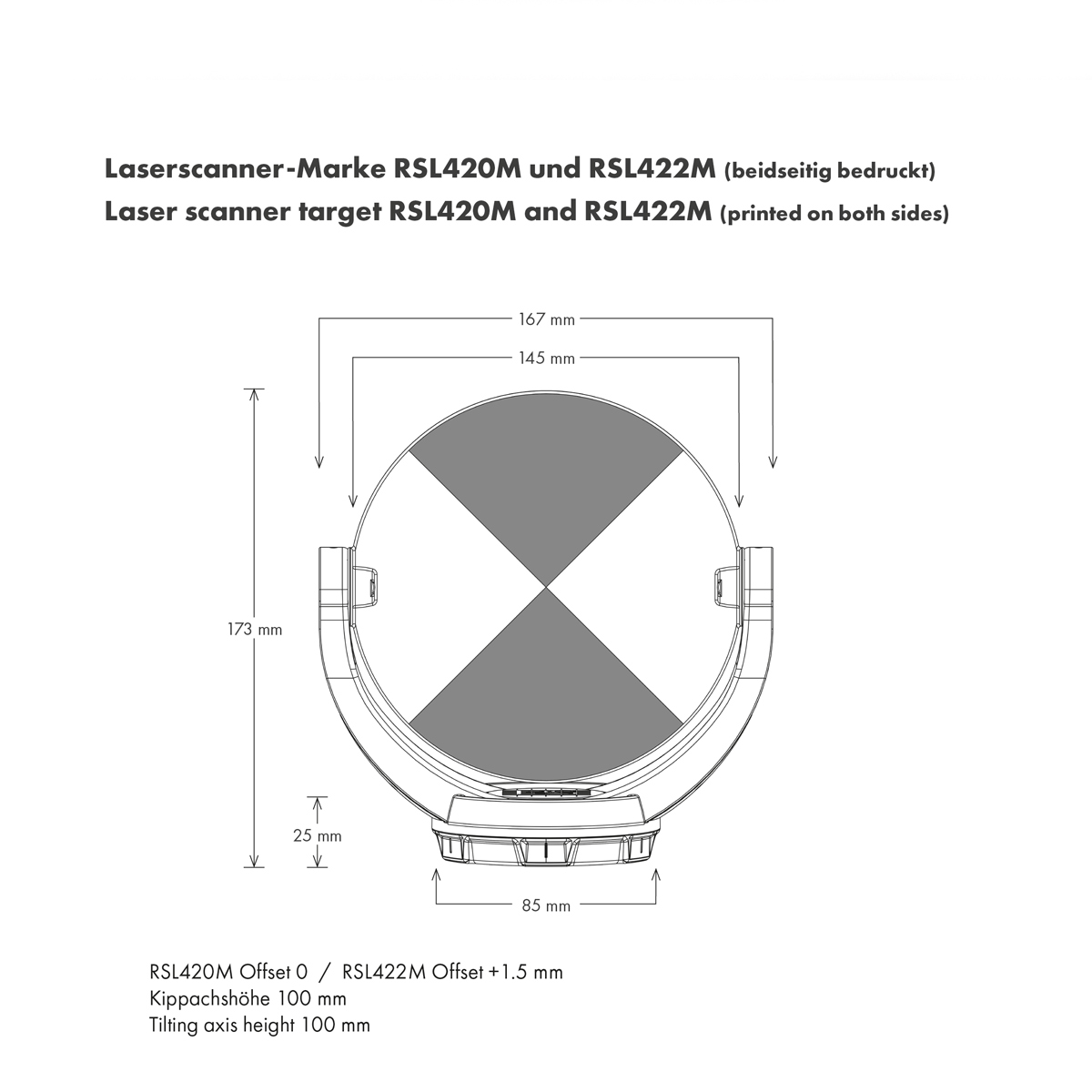 Technische Maßzeichnung der Laserscanner-Marke RSL422M von Rothbucher mit detaillierten Abmessungen.
