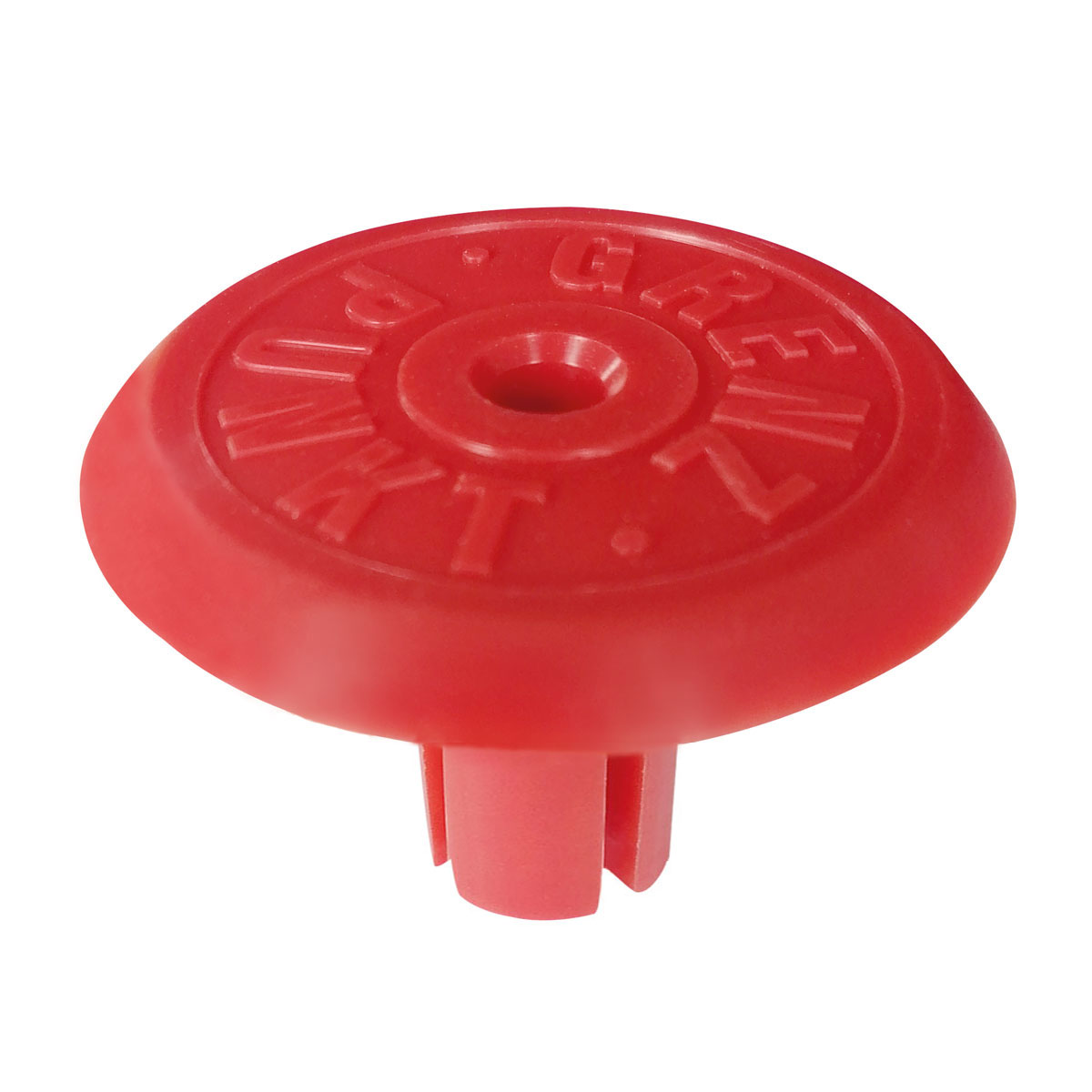 Rote Polyamid Abschlussplatte Ø 60 mm mit Aufschrift Grenzpunkt und geschlitztem Zapfen für 3/4" Eisenrohre.