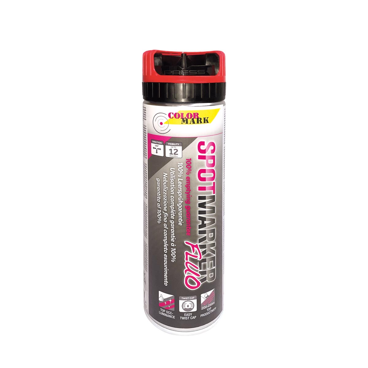 Colormark Spotmarker FLUO 500 ml mit leuchtrotem Twist-Cap und Sicherheitskappe.