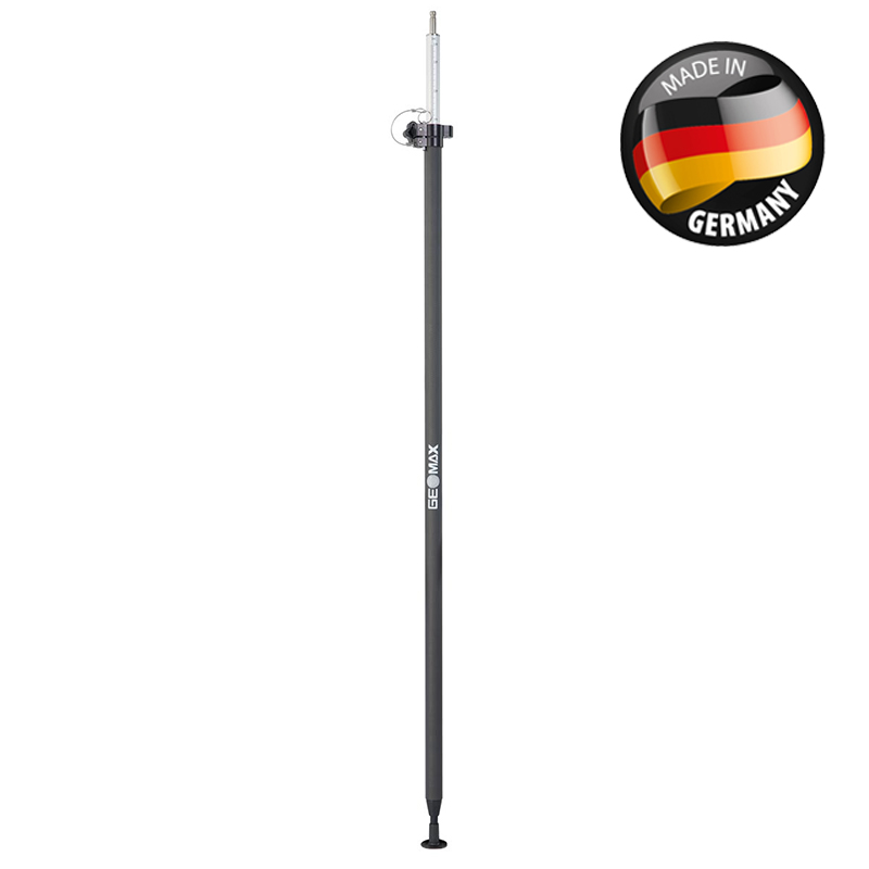 GeoMax Prismenstab aus Carbon, 2,60 m, mit Höhenskala und Teller, daneben Siegel Made in Germany.