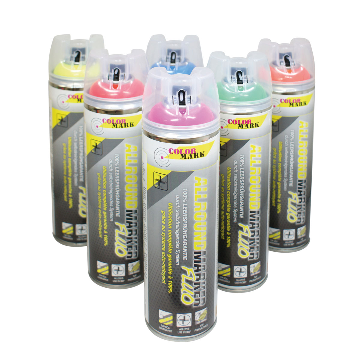 Sechs Colormark Allroundmarker FLUO Dosen in Gelb, Rot, Blau, Pink, Grün und Orange.
