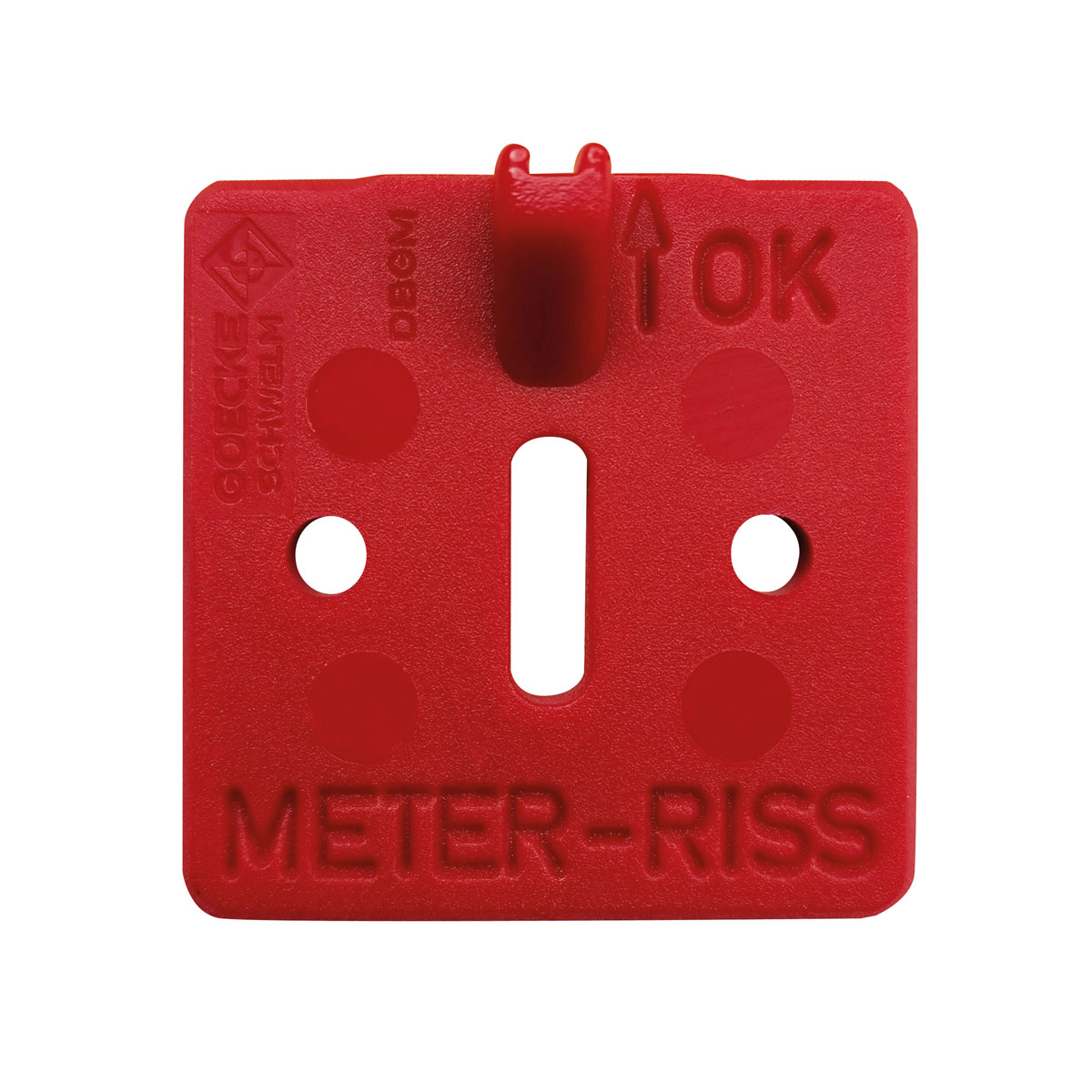 Rote einstellbare Meterrissmarke 40 x 40 mm mit Prägung Meter-Riss, OK-Pfeil und Langloch.