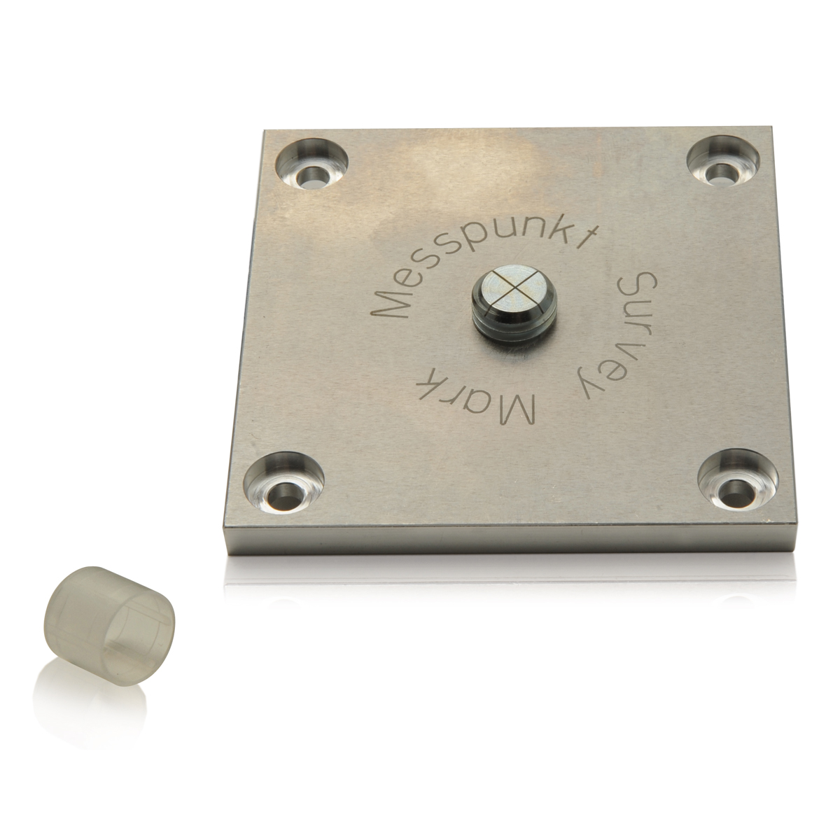 Fixpunkt-Platte RSFP1 aus Aluminium mit Gravur Messpunkt Survey Mark, Zentrierbolzen und Schutzkappe.