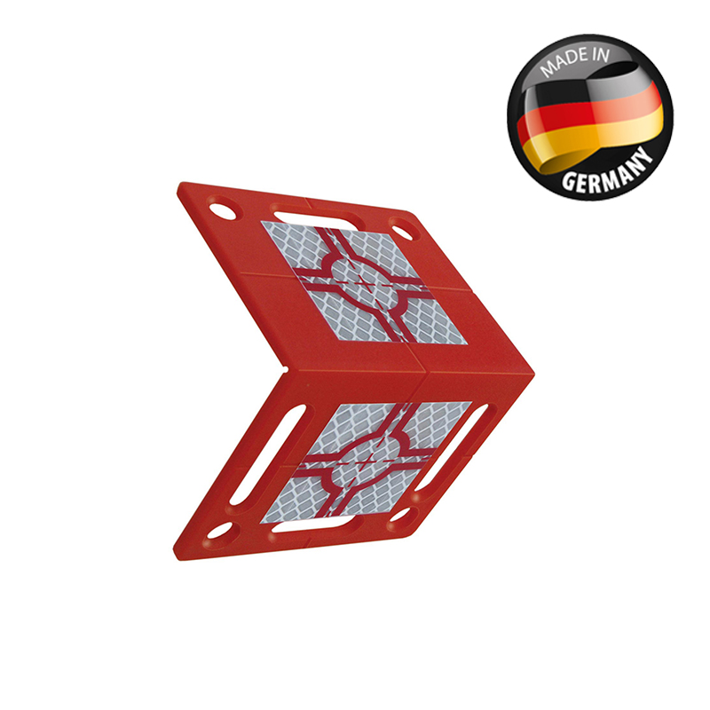 Rote Winkel-Vermessungsplakette RS80 von Rothbucher Systeme mit zwei Reflexzielmarken für Außenecken.