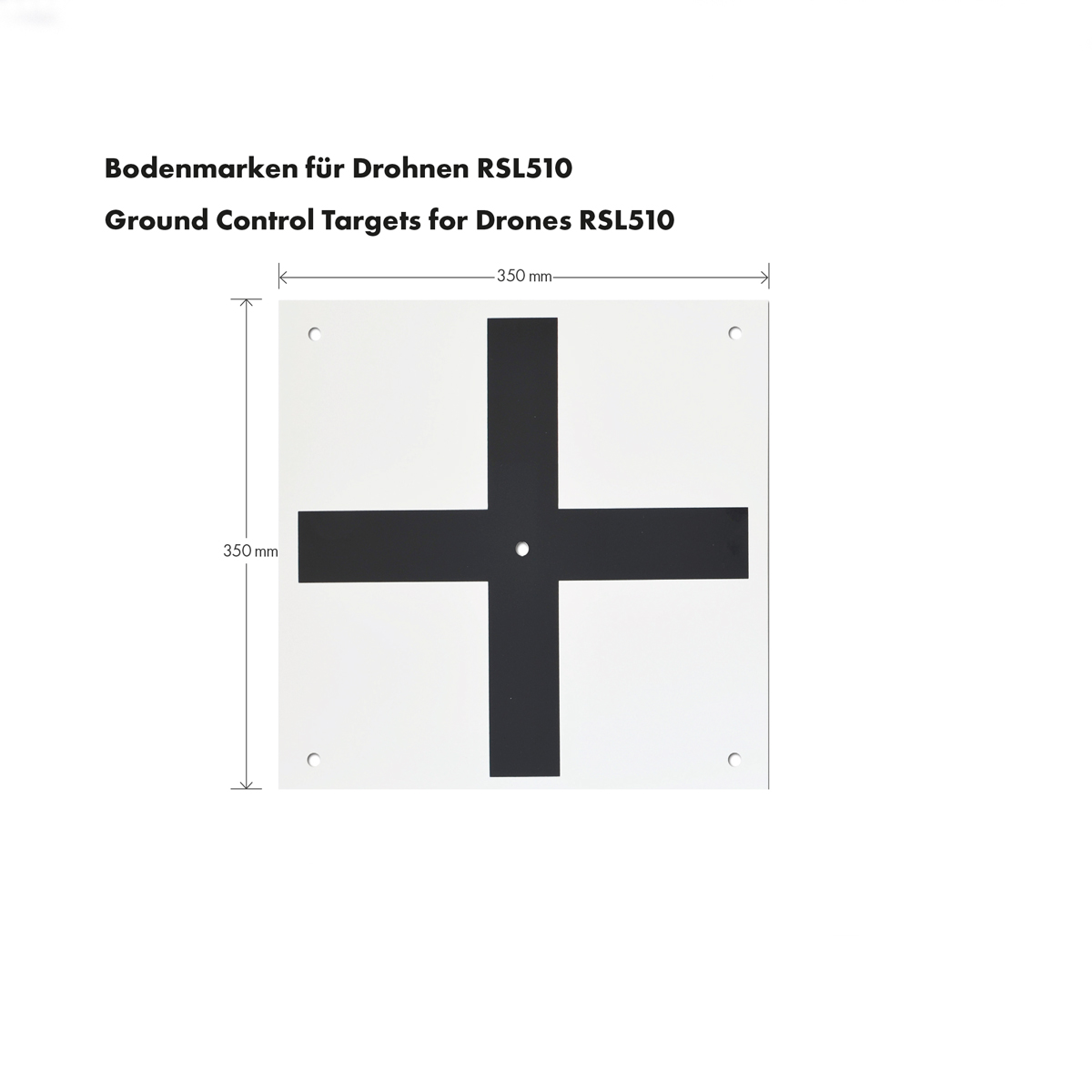 Technische Detailansicht der RSL510 Drohnen-Bodenmarke mit Maßangaben für Ground Control Points.