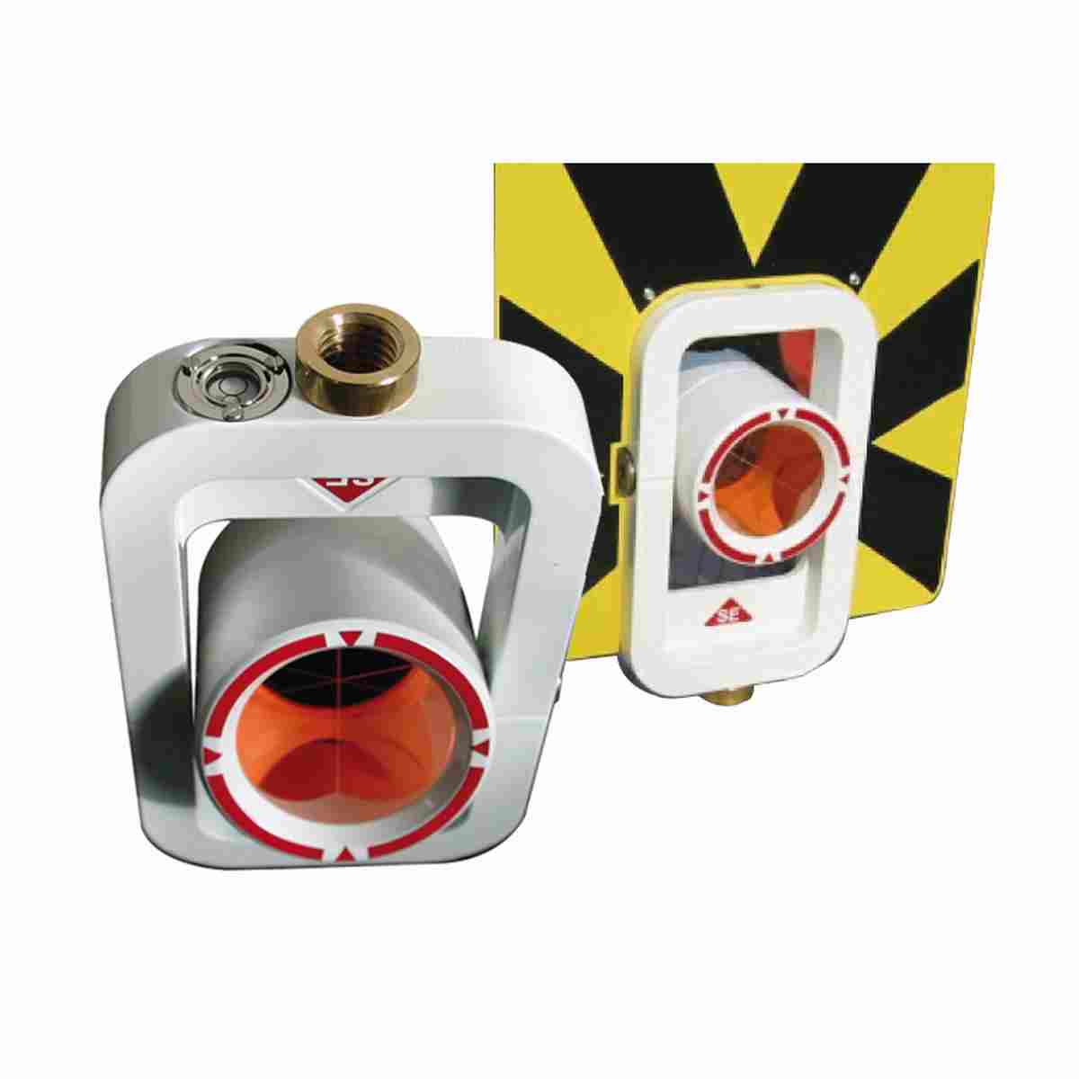Metallprisma KTR-SE Typ Zeiss im Zweierpack, einmal einzeln und einmal mit gelb-schwarzer Zieltafel.