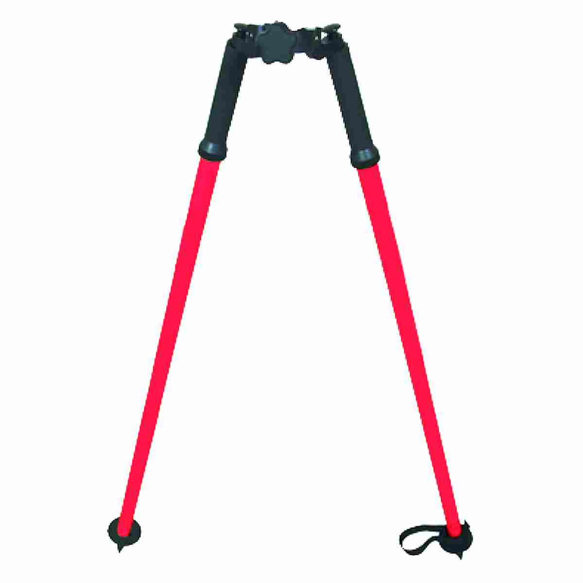 Rotes SECO Zweibein-Prismenstativ mit schwarzen Griffen, Stabklemme und Fußtellern.