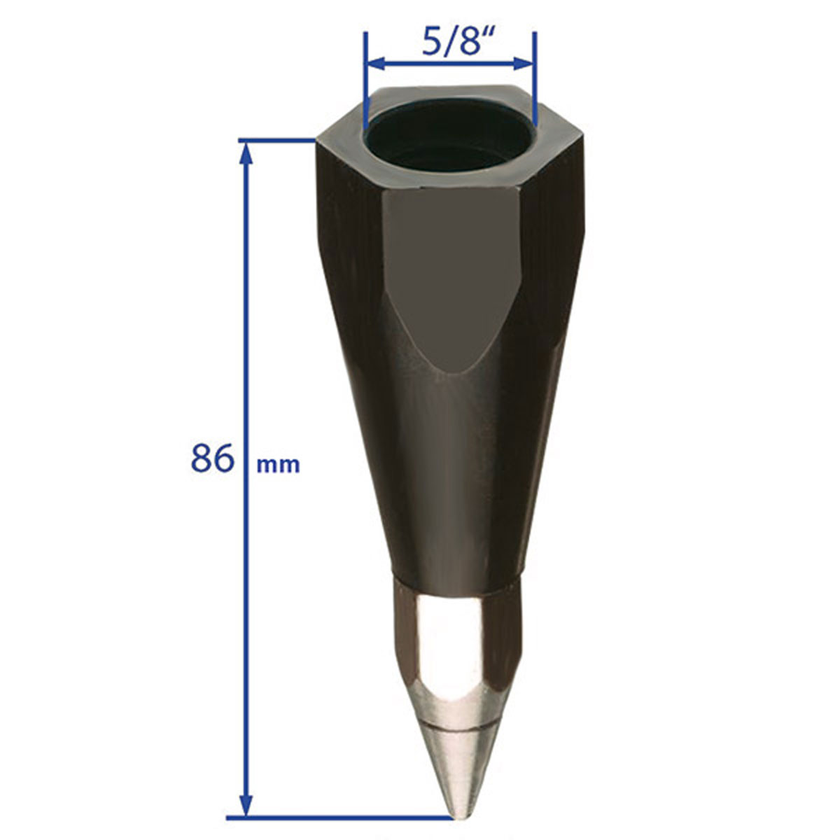 Schwarze Prismenstabspitze mit 5/8-Zoll-Innengewinde und Stahlspitze, Länge 86 mm.