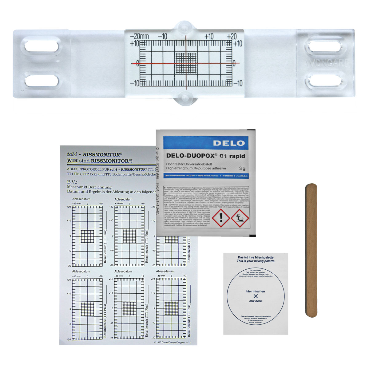 Riss-Monitor TT 1 Standard Anleitung, Ableseprotokoll und Kleber