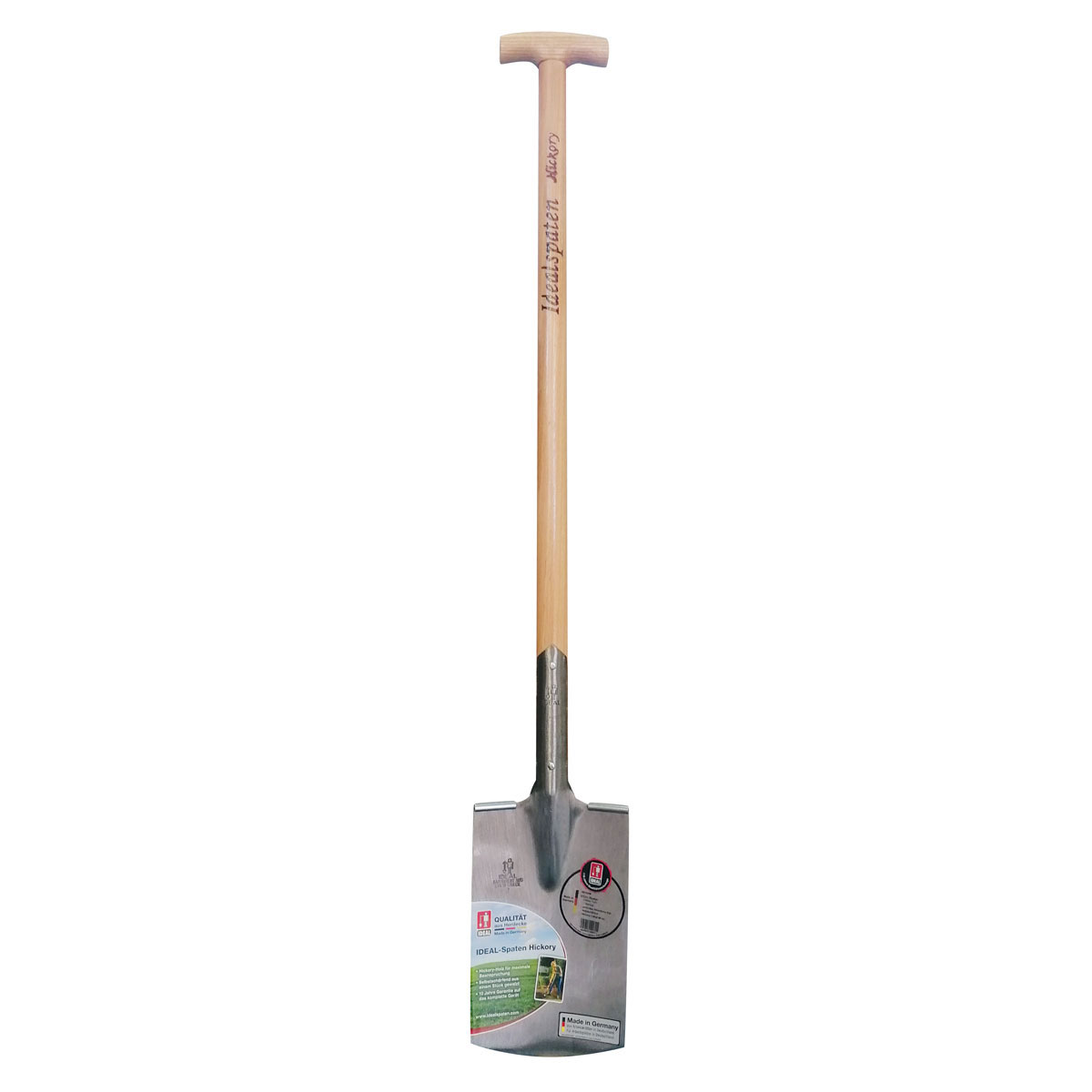 IDEAL-Spaten in Gärtnerform mit Hickory-T-Stiel 85 cm und Aufdruck Idealspaten Hickory.