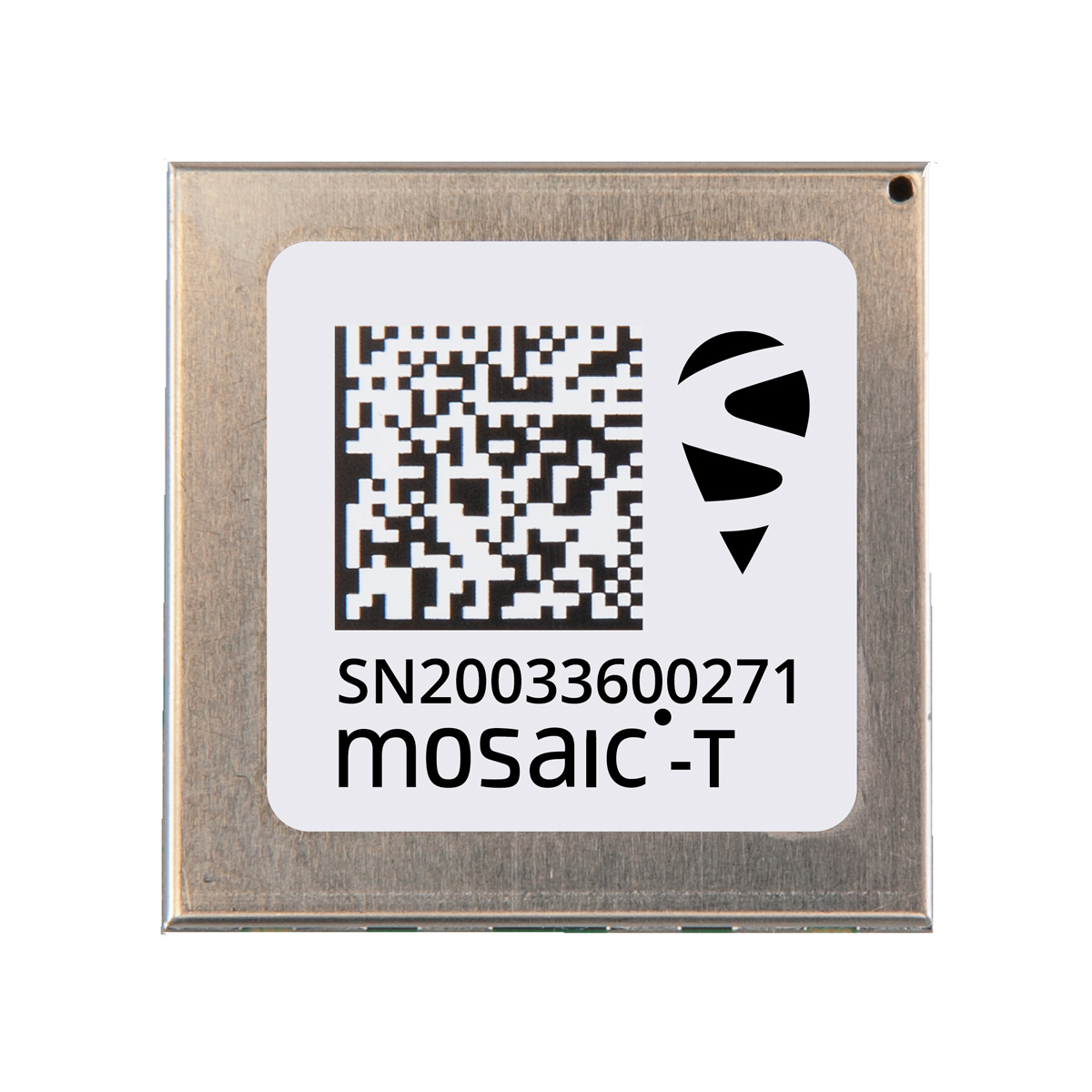 Septentrio GNSS-Modul mosaic-T mit Abschirmblech und Datamatrix-Code.