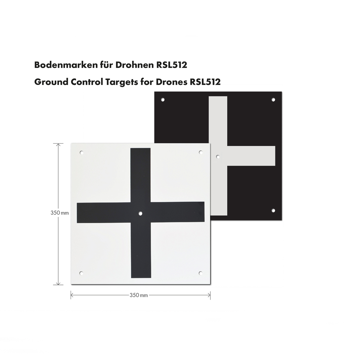 Drohnen-Bodenmarken RSL512 von Rothbucher Systeme mit Maßangaben zur präzisen Einmessung.