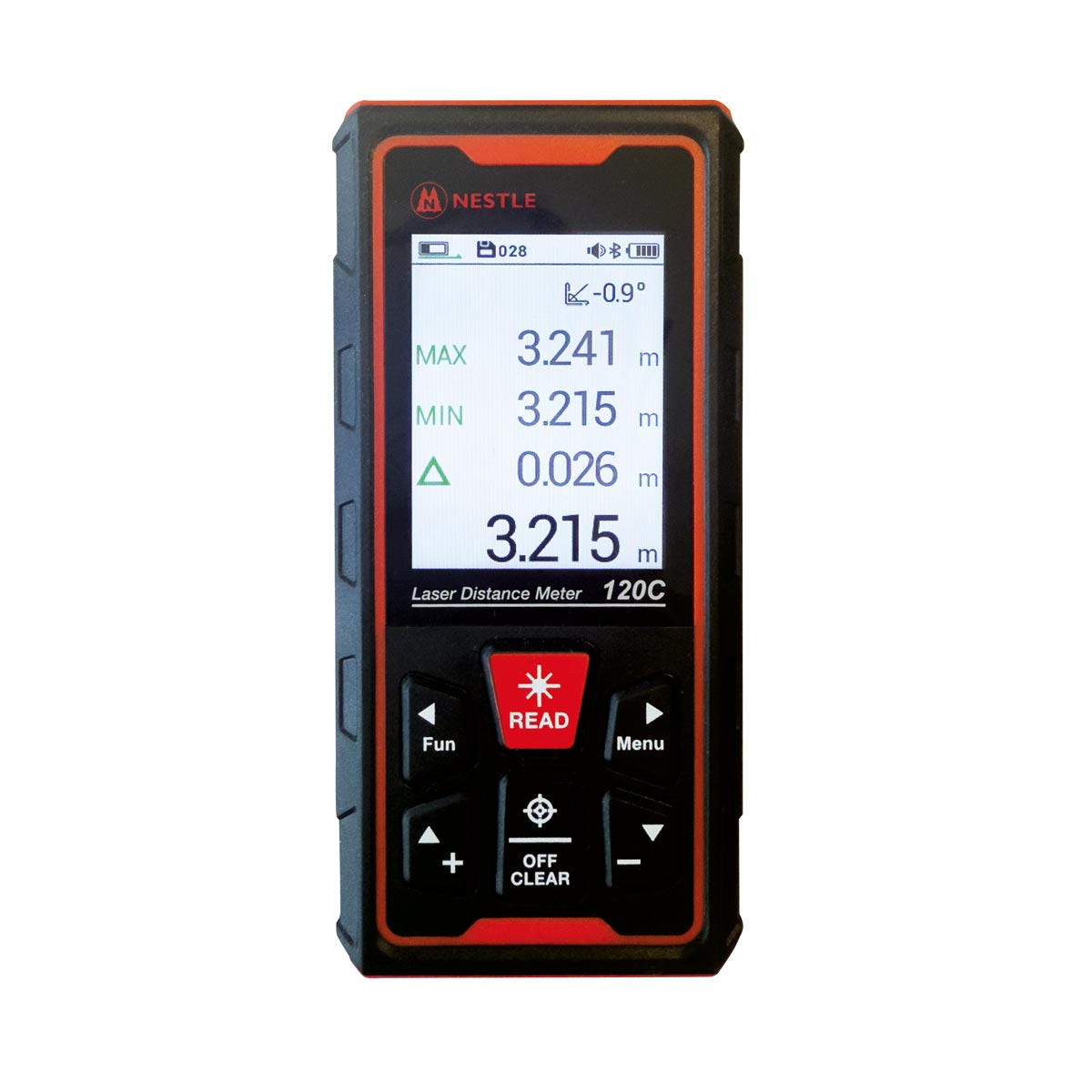 Nestle NDL-120C Distanzmesser mit grünem Laserpunkt zeigt präzise Entfernungswerte auf dem drehbaren Display an.