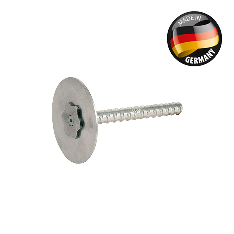 Fixpunkt RSFP-X99-12 mit Edelstahlscheibe, sternförmigem Kopf und langem verzinktem DW15-Gewindeschaft.