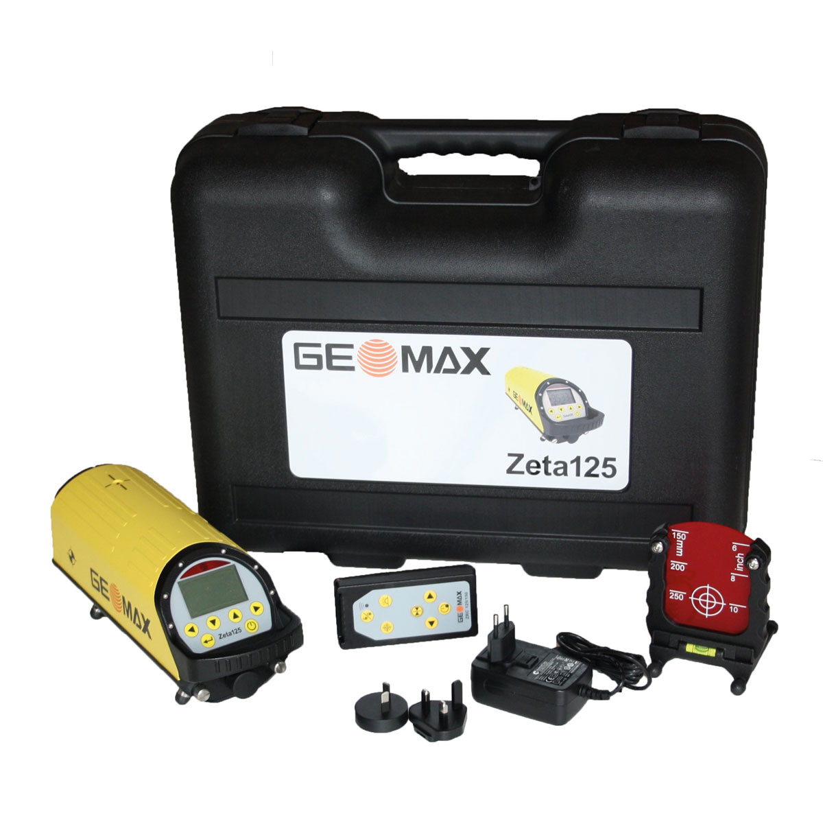 Lieferumfang GeoMax Zeta 125: Kanalbaulaser, Fernbedienung, Netzteil, Universalzieltafel und schwarzer Koffer.