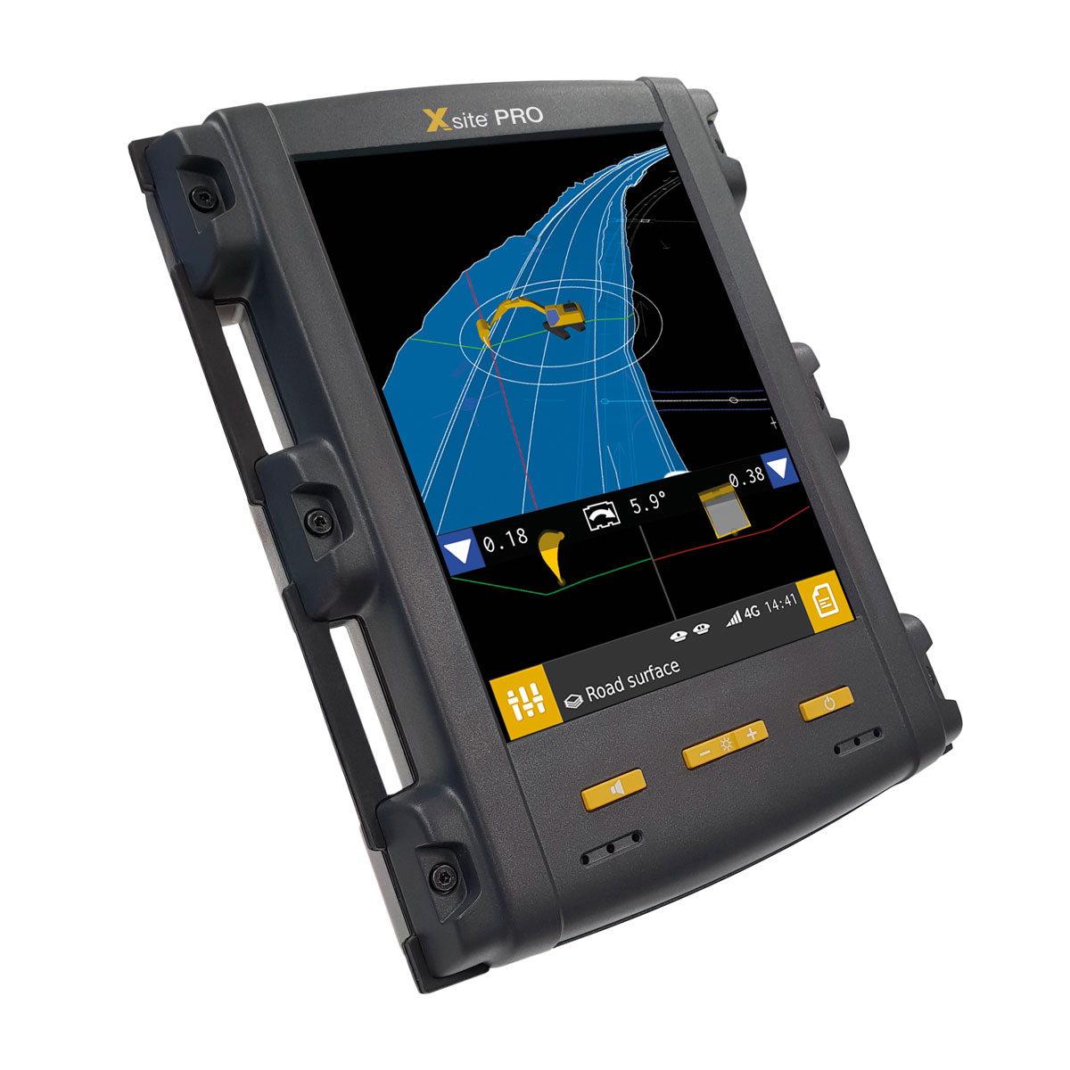 MOBA Xsite PRO Display mit 3D-Ansicht eines Baggers auf einem Straßenmodell.