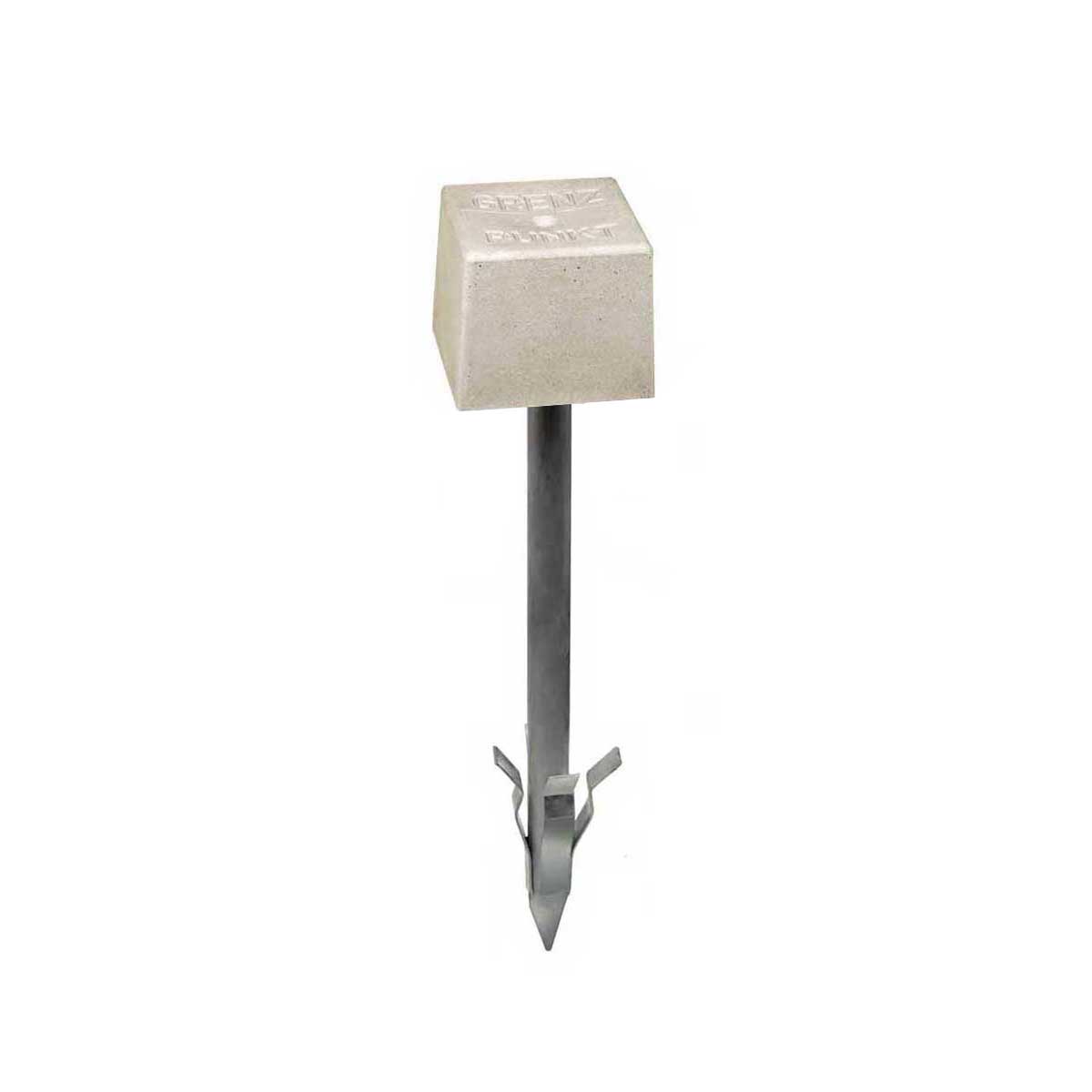 Weiße Rohrmarke 500 mm mit Kunststoffkopf 100 x 100 x 90 mm, Aufschrift Grenzpunkt und fester Spitze mit Spreizankern.