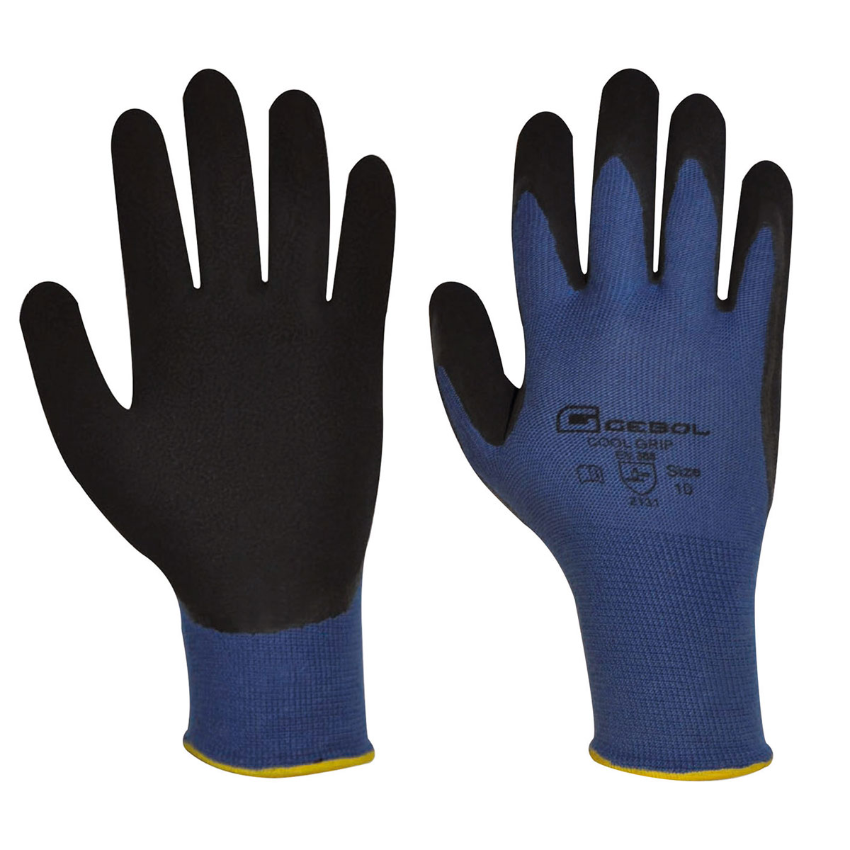 Zwei blaue Cool-Grip Arbeitshandschuhe in Größe 10, einmal von der schwarzen Handfläche und vom Handrücken gezeigt.