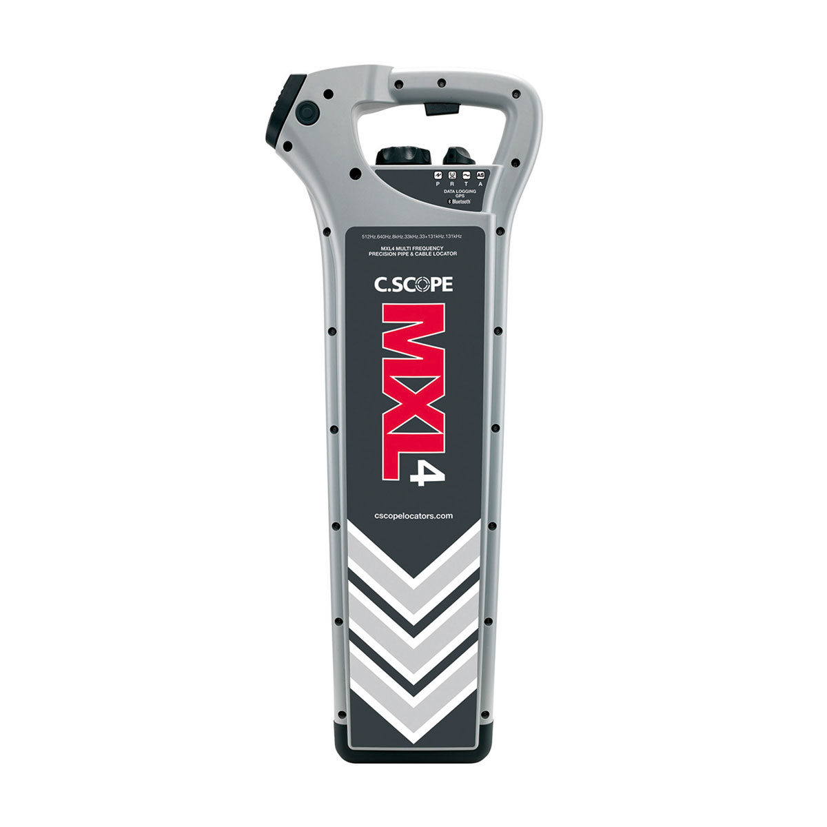 C.Scope Kabelsuchgerät MXL4 in Grau mit rotem Schriftzug, GPS, Datenlogging und Bluetooth, Frontansicht.