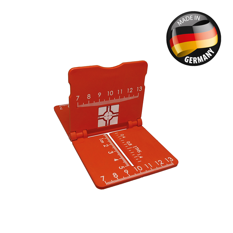 Rote klappbare Absteckhilfe RS97 von Rothbucher Systeme mit Zielmarke und Zentimeterskalen.