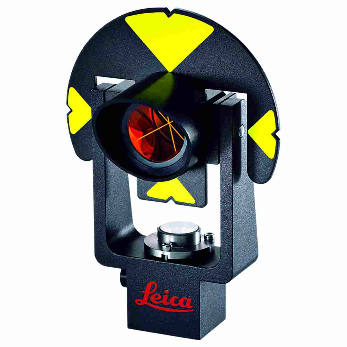 Leica Miniprisma GMP101 mit schwarzem Halter, Libelle und runder schwarz-gelber Zieltafel.