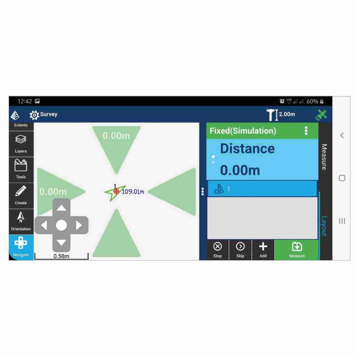 Bildschirmansicht der Carlson Layout App für GPS-Vermessung mit integrierter Schrägmessfunktion.