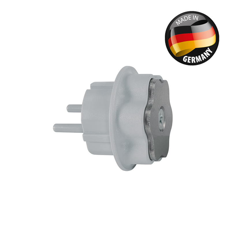 Fixpunkt RSFP-X90-30 von Rothbucher Systeme mit Steckdosenstecker und sternförmiger Edelstahlaufnahme.