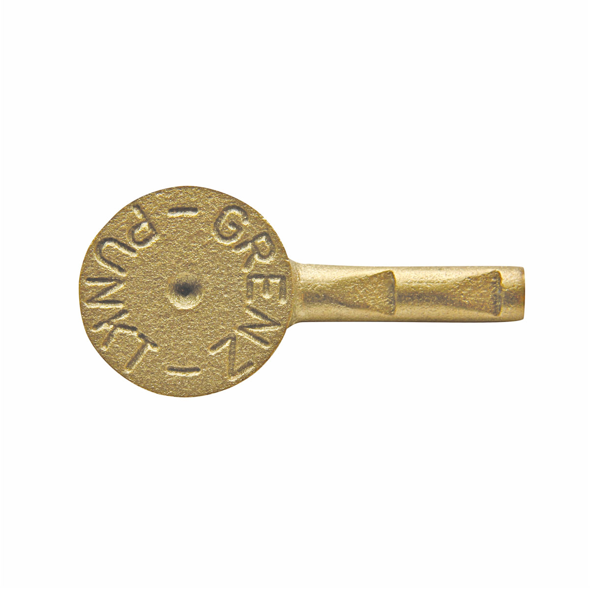 Gekröpfter Messingbolzen mit Kopf Ø 30 mm, Aufschrift Grenzpunkt und Schaft mit Widerhaken, Draufsicht.