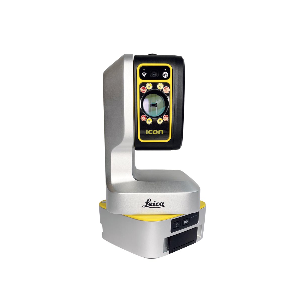 Leica iCON iCS50 automatisiertes Absteckinstrument mit Kamera für präzises 3D-Aufmaß im Baugewerbe.