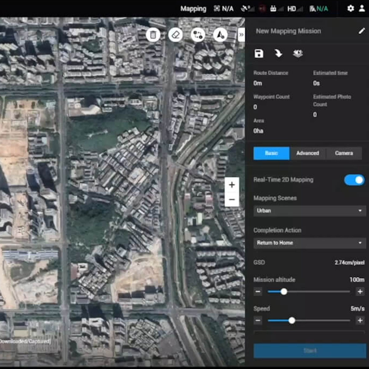 DJI Terra Mapping-Mission mit Satellitenkarte einer Stadt und Flugparametern.