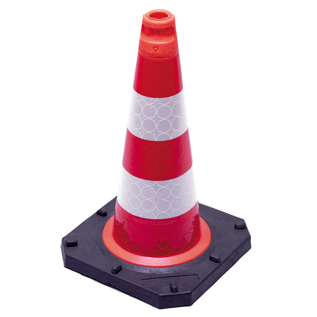 Morion-Reflex-Kegel 750 mm rot-weiß voll retroreflektierend mit schwarzem Gummifuß.