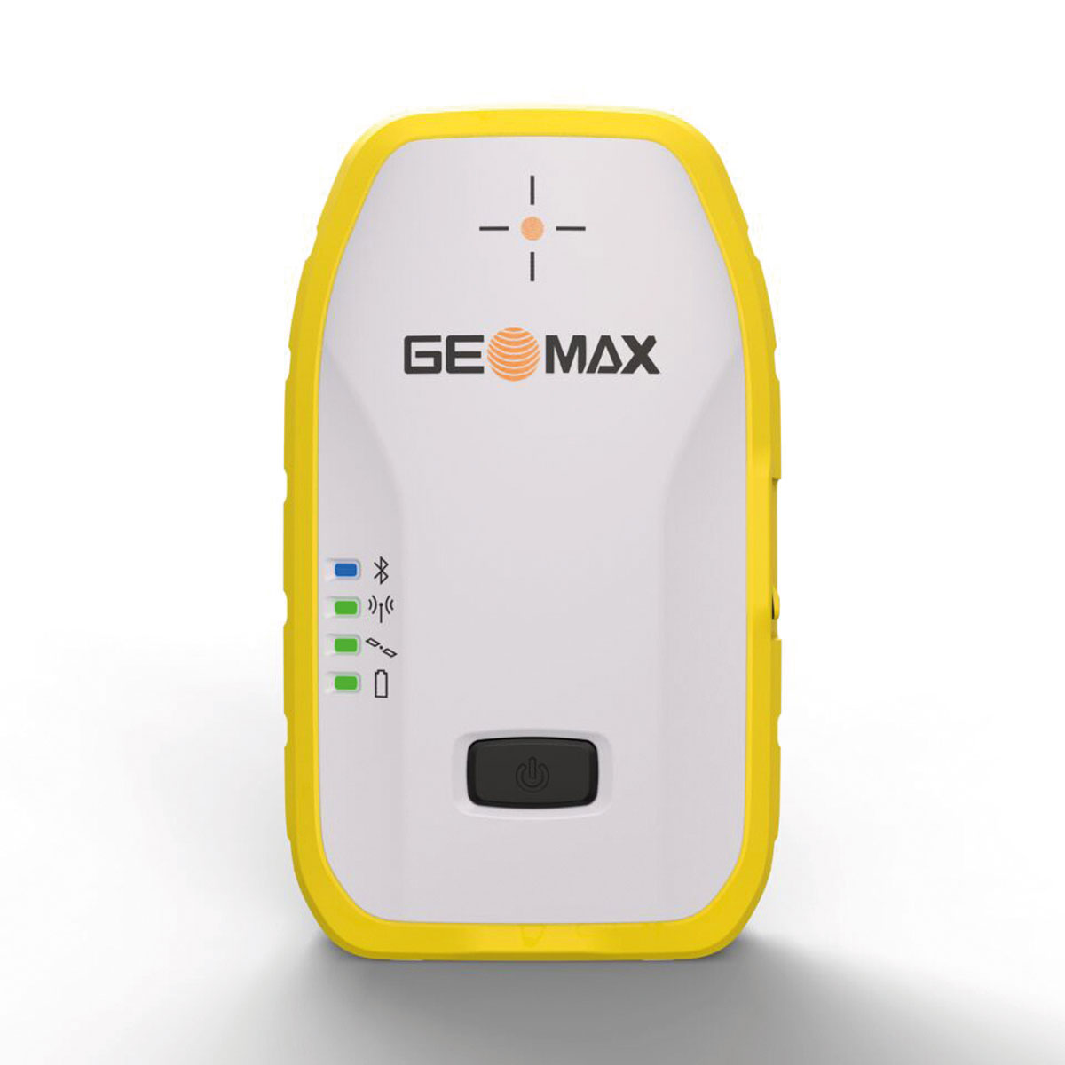 GeoMax GNSS-Empfänger Zenith06 in Weiß-Gelb mit Status-LEDs und Einschalttaste, Frontansicht.