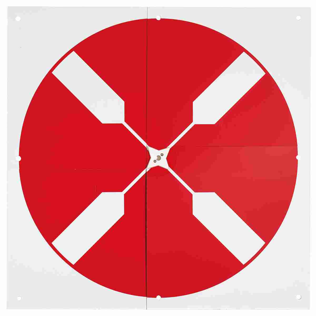Aufgeklappte rote Drohnen-Bodenmarke RSL532XL mit weißem Diagonalkreuz und Sterndrehpunkt in der Mitte.