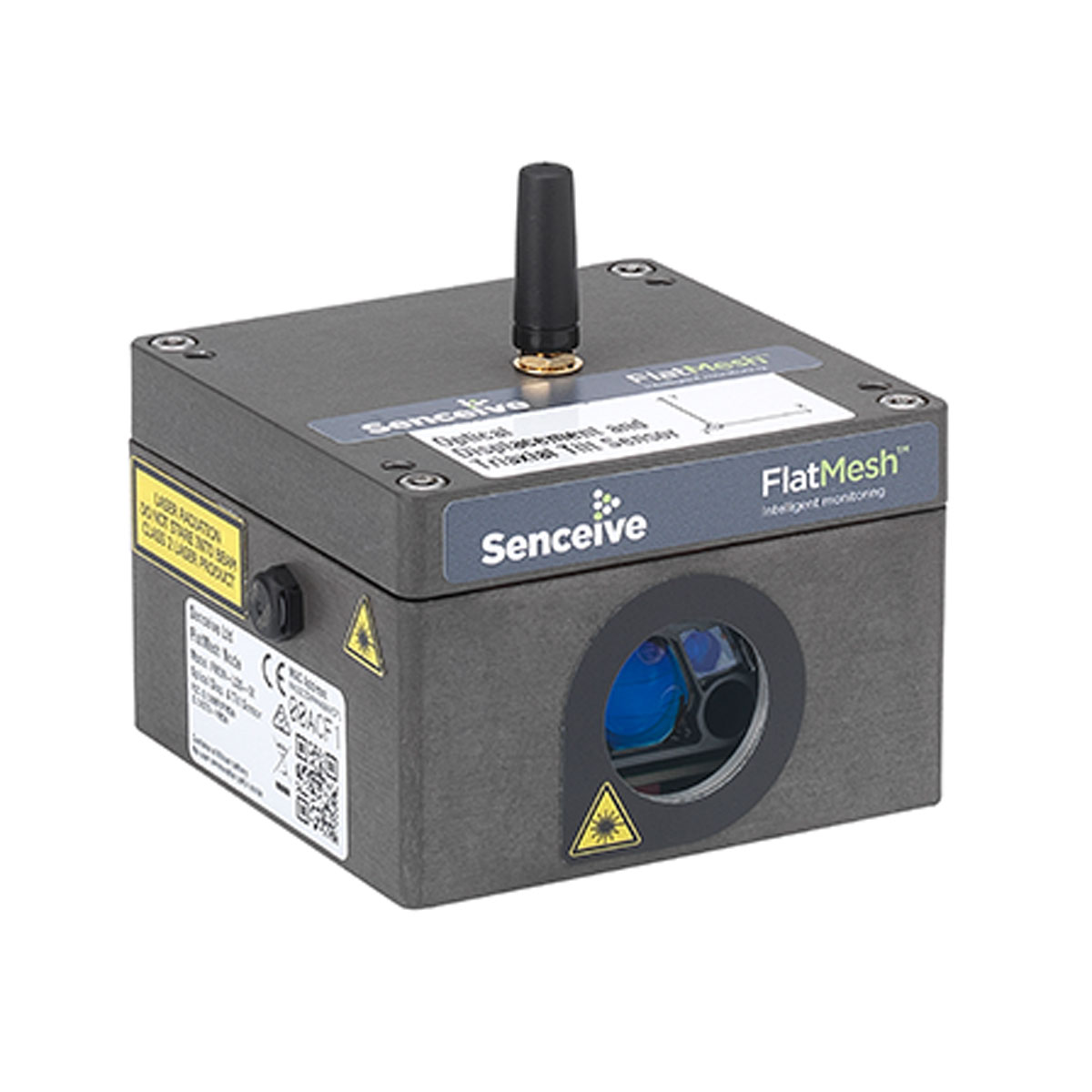 Nahaufnahme des kompakten grauen Senceive Laser Distanz Sensor Node mit Antenne und blauer Linse.