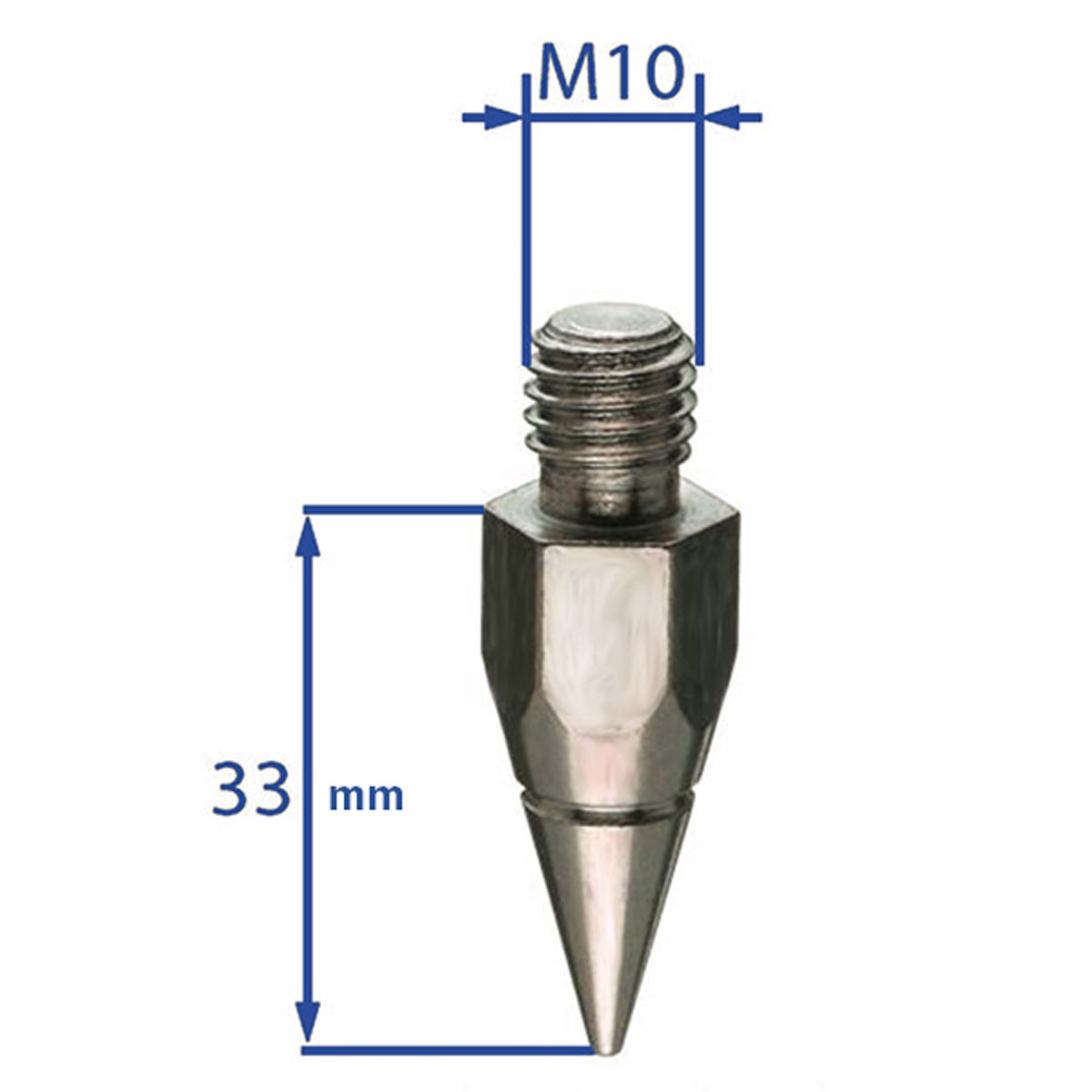 Stahlunterteil der Prismenstabspitze mit M10-Gewinde, Länge 33 mm.