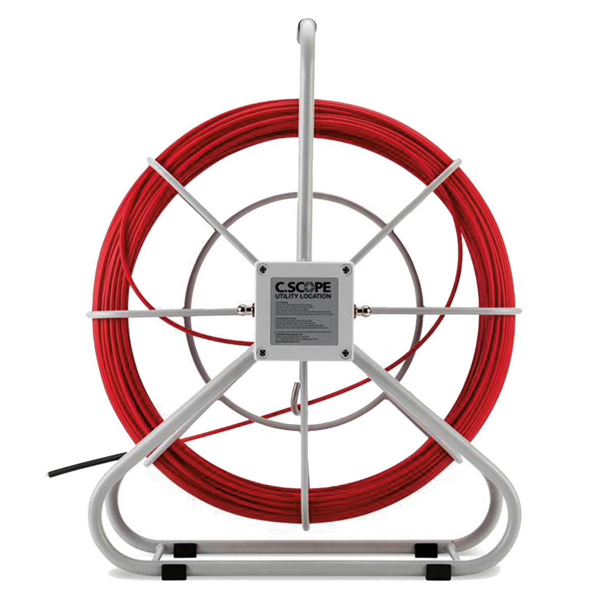 C.Scope Röhrenschlange 80 m mit rotem Kabel auf grauem Metallgestell, Frontansicht mit Anschlussbox.