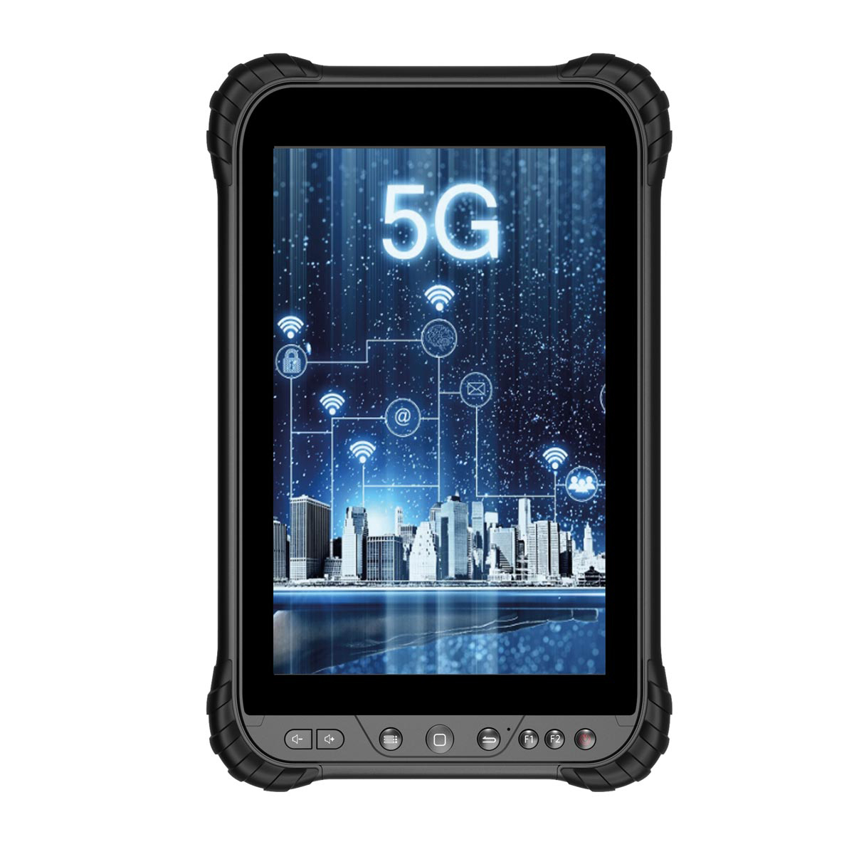 Schwarzes 8-Zoll-Outdoor-Tablet A8004 mit 5G-Startbildschirm und Funktionstasten, Frontansicht.