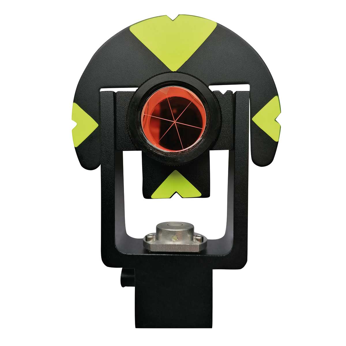 Miniprisma Typ Leica GMP101 mit schwarzem Halter und schwarz-gelber Zieltafel.