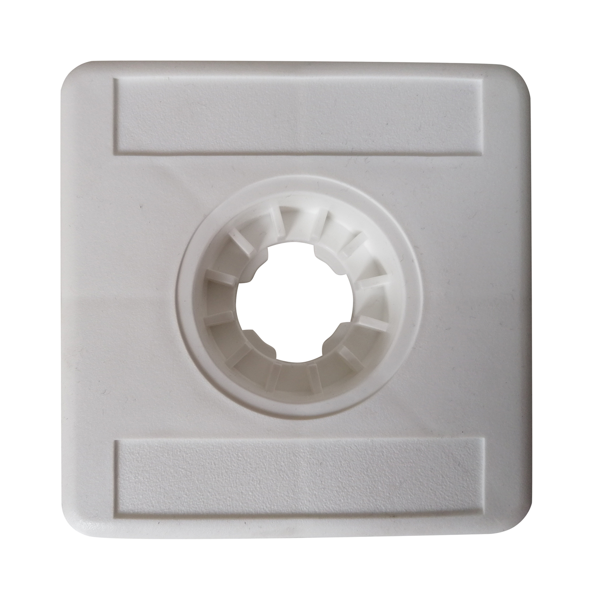 Draufsicht auf die weiße Kunststoffmarke Vario Light 100 mm ohne Aufschrift mit gezahnter Mittelaufnahme.