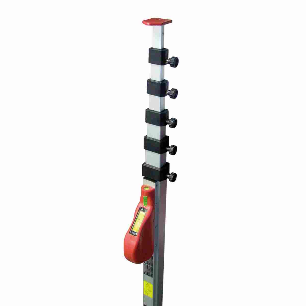 TELEFIX Teleskopmeter Geodäsie 5 m mit roter Ablesebox, Libelle und Stellschrauben an den Segmenten.